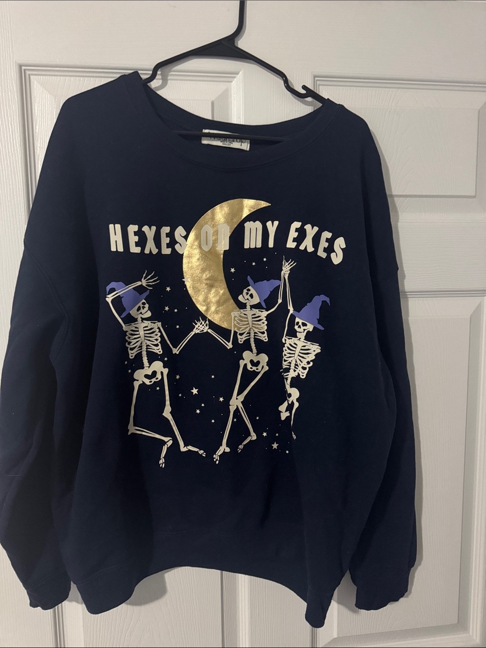 Wound Up Navy Crewneck Sweater with Gold Moon and Purple Accents
